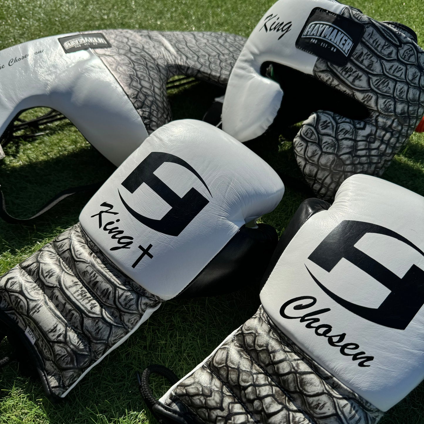 WHITE W/ CROCK PRINT | SPARRING SET | 100% LEATHER