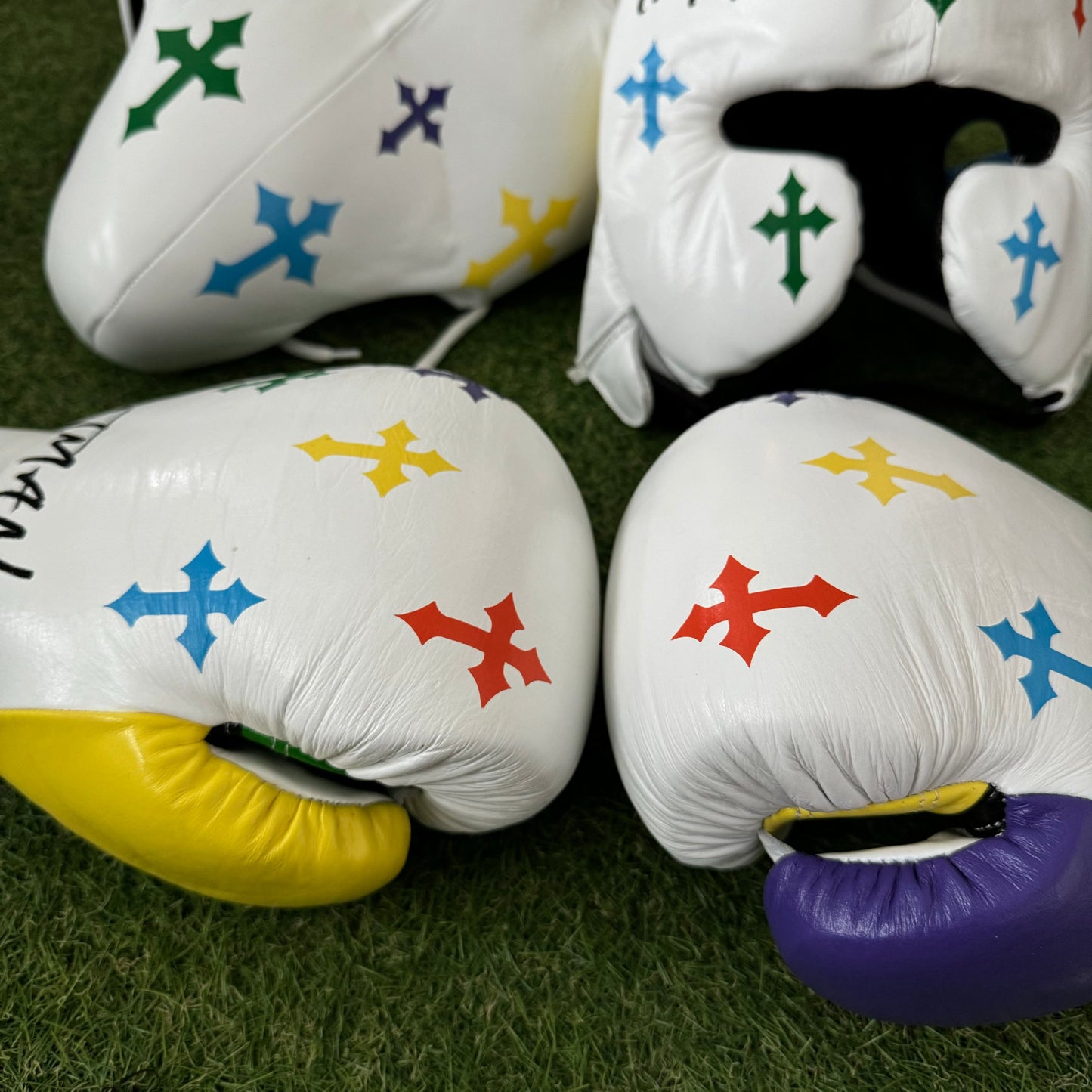 WHITE | MULTI COLOR CRUCIFIX | SPARRING SET | 100% LEATHER