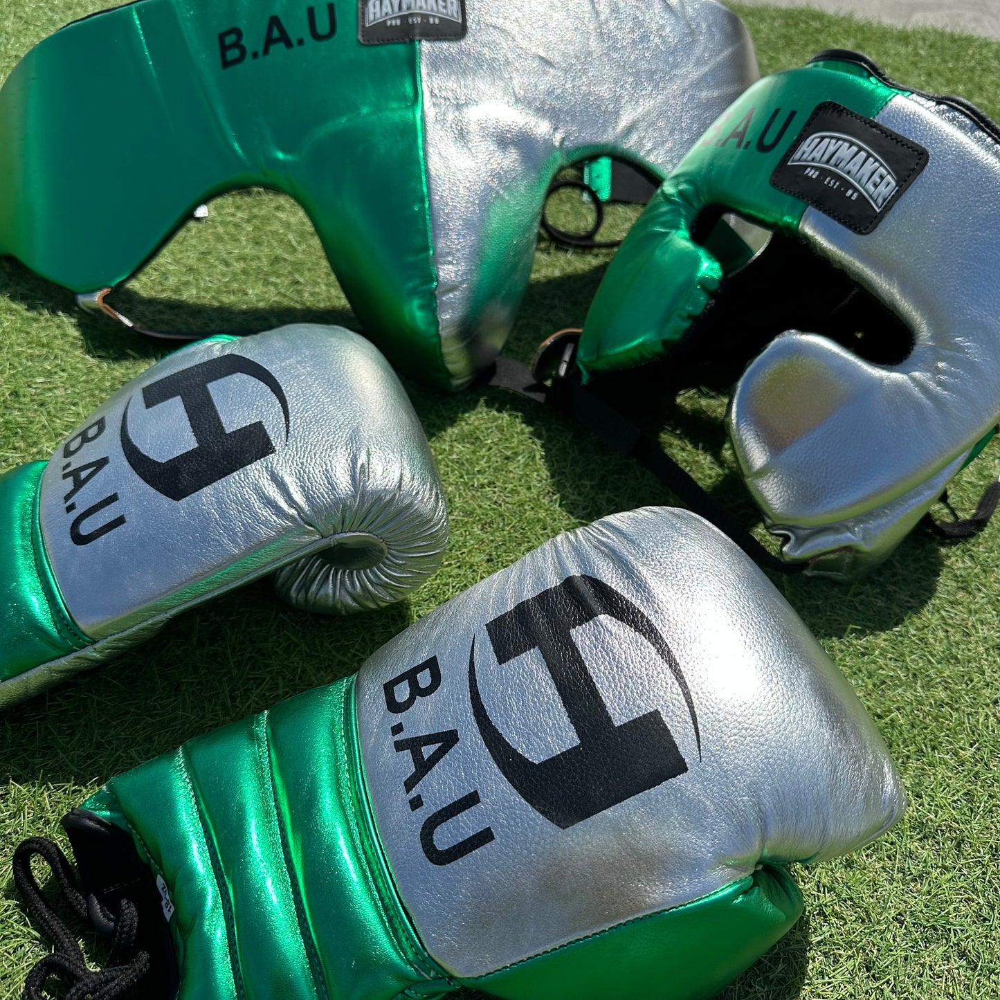 METALLIC GREEN & SILVER | BOXING GLOVES & SPARRING SET | 100% LEATHER