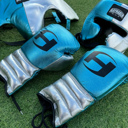 METALLIC SILVER & TEAL | BOXING GLOVES & SPARRING SET 100% LEATHER