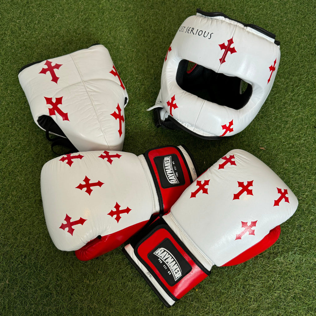 RED & WHITE | CRUCIFIX | BOXING GLOVES & SPARRING SET | 100% LEATHER