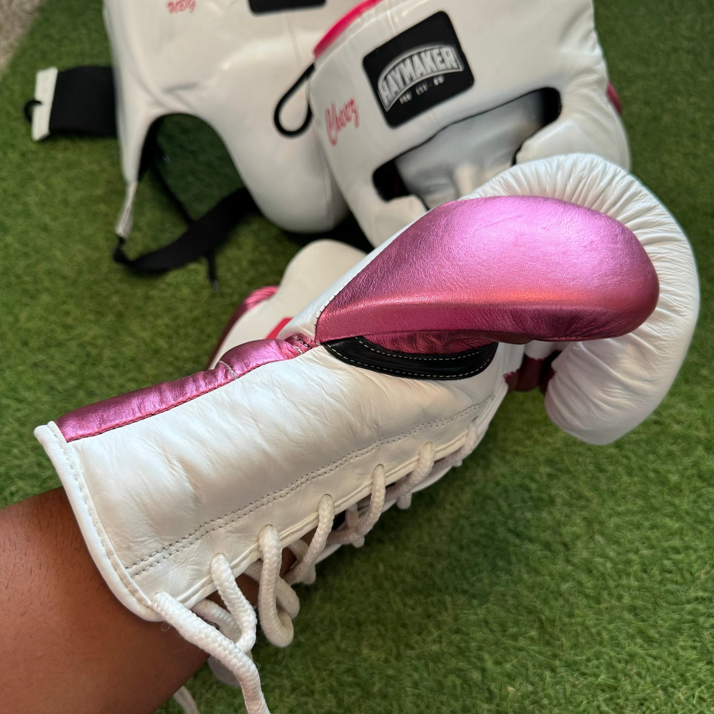 WHITE WITH PINK TRIM | SPARRING SET | 100% LEATHER