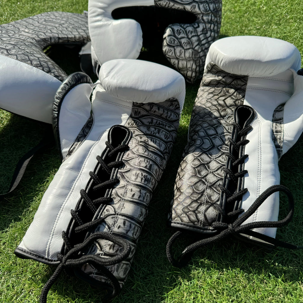 WHITE W/ CROCK PRINT | SPARRING SET | 100% LEATHER