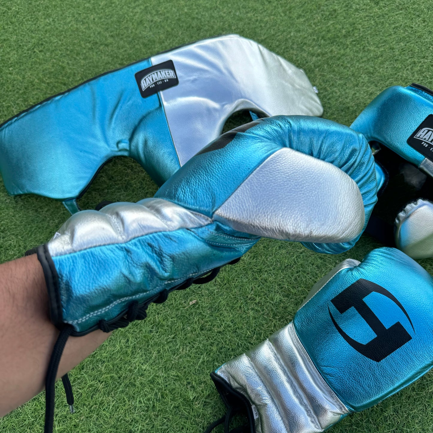 METALLIC SILVER & TEAL | BOXING GLOVES & SPARRING SET 100% LEATHER