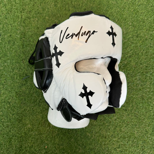 HM CRUCIFIX WHITE & BLACK BOXING HEADGEAR | 100% LEATHER