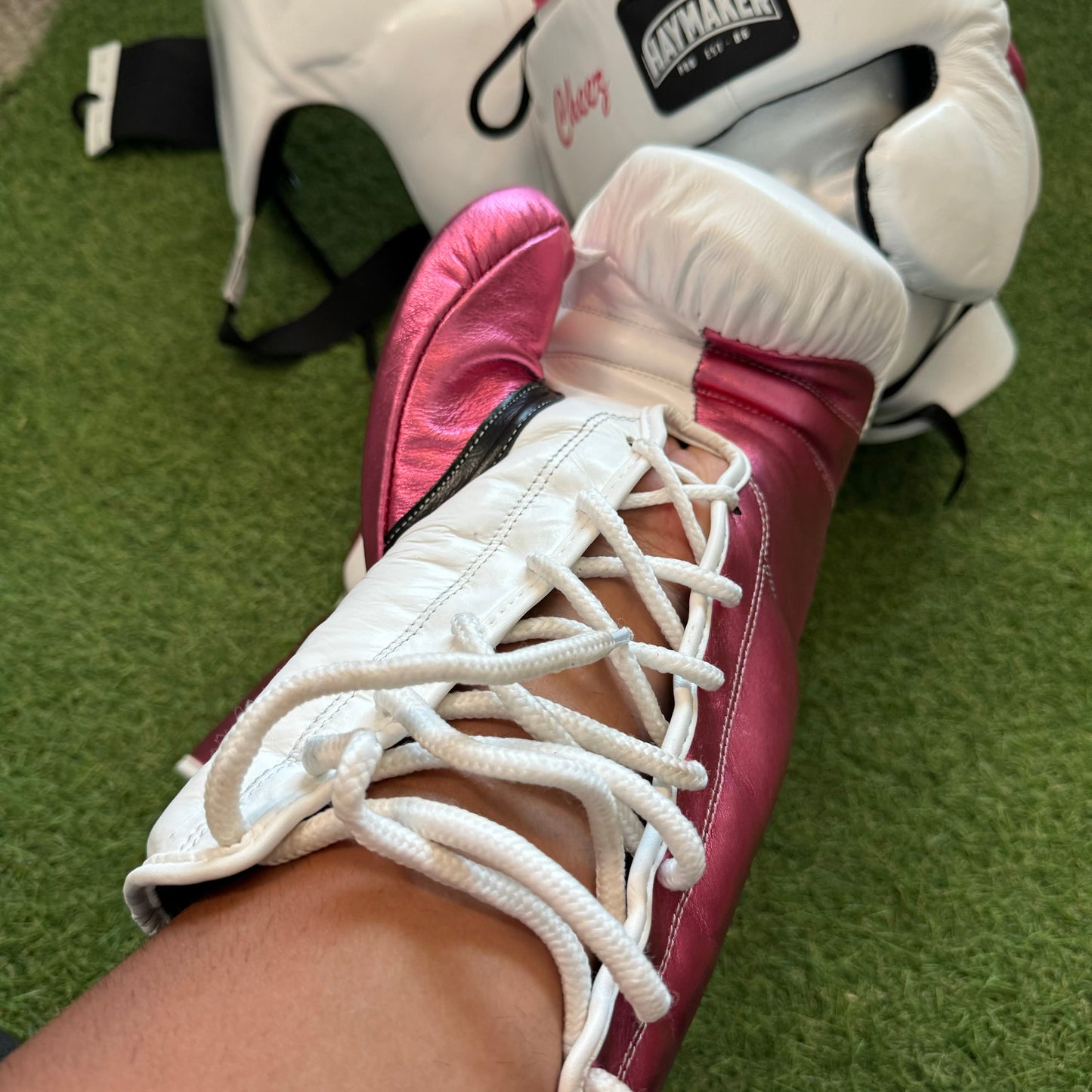 WHITE WITH PINK TRIM | SPARRING SET | 100% LEATHER