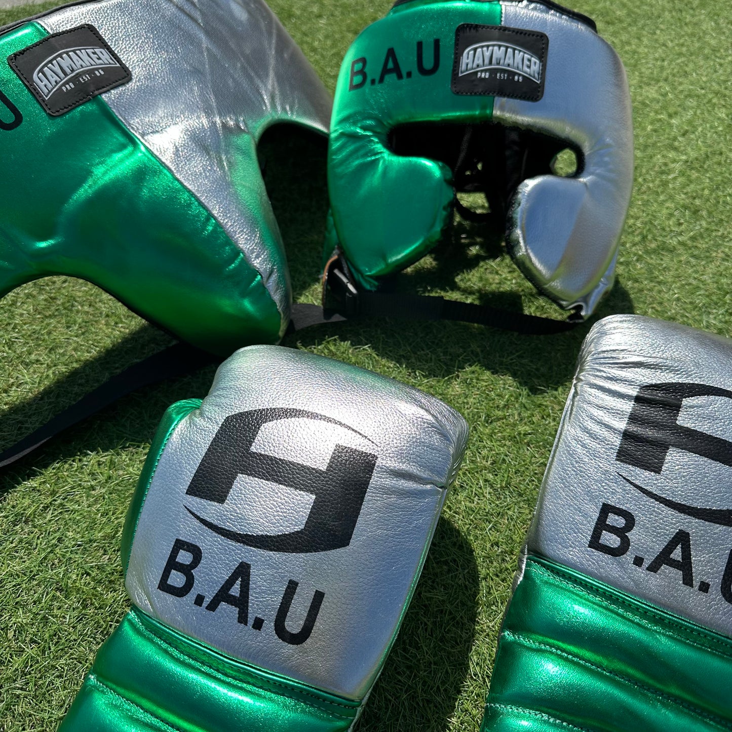 METALLIC GREEN & SILVER | SPARRING SET | 100% LEATHER