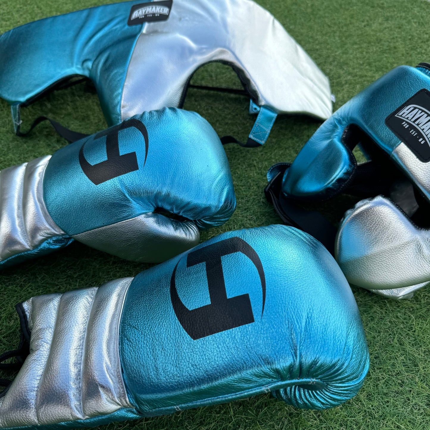 METALLIC SILVER & TEAL | BOXING GLOVES & SPARRING SET 100% LEATHER