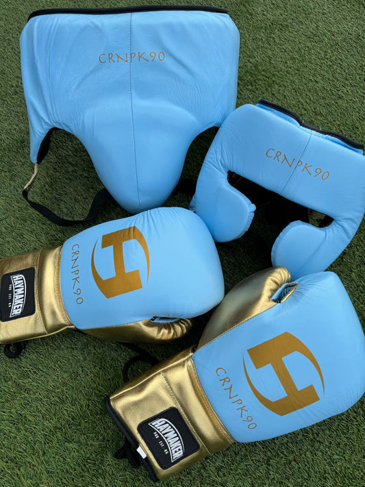 BABY BLUE GOLD | BOXING GLOVES & SPARRING SET 100% LEATHER