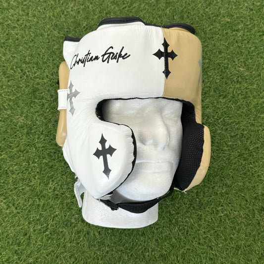 HM CRUCIFIX CREAM & WHITE BOXING HEADGEAR | 100% LEATHER