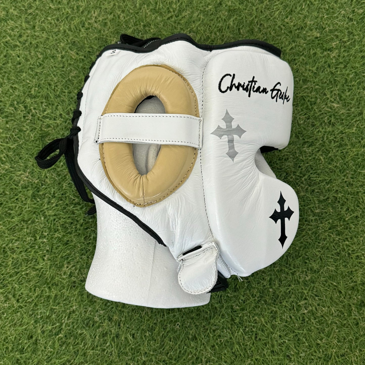 HM CRUCIFIX CREAM & WHITE BOXING HEADGEAR | 100% LEATHER