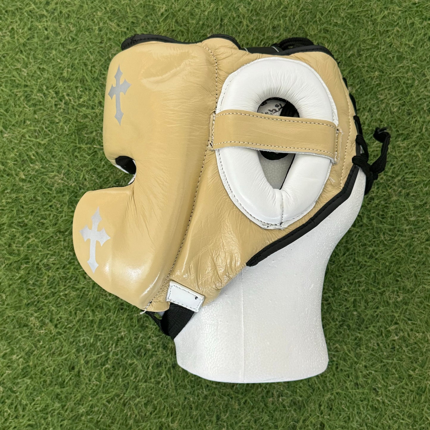 HM CRUCIFIX CREAM & WHITE BOXING HEADGEAR | 100% LEATHER