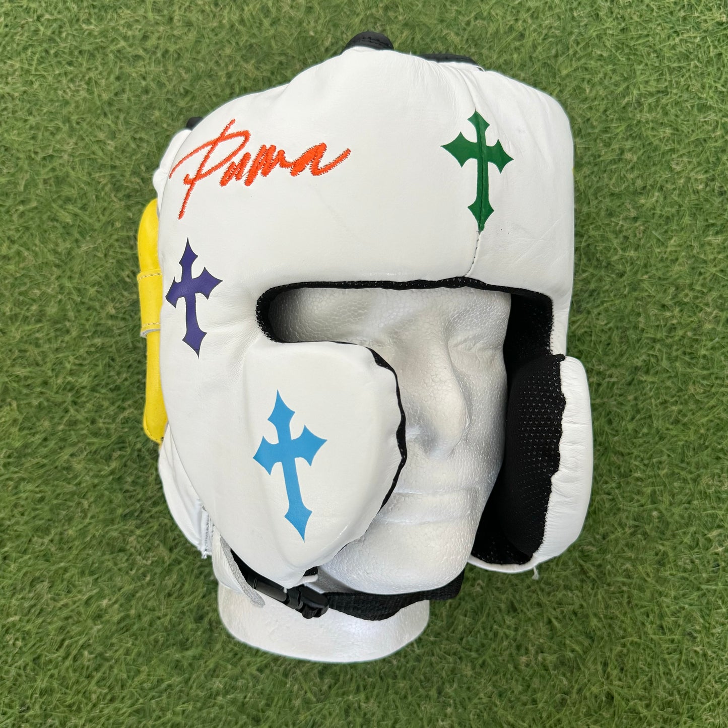 HM CRUCIFIX WHITE MULTI COLOR BOXING HEADGEAR | 100% LEATHER