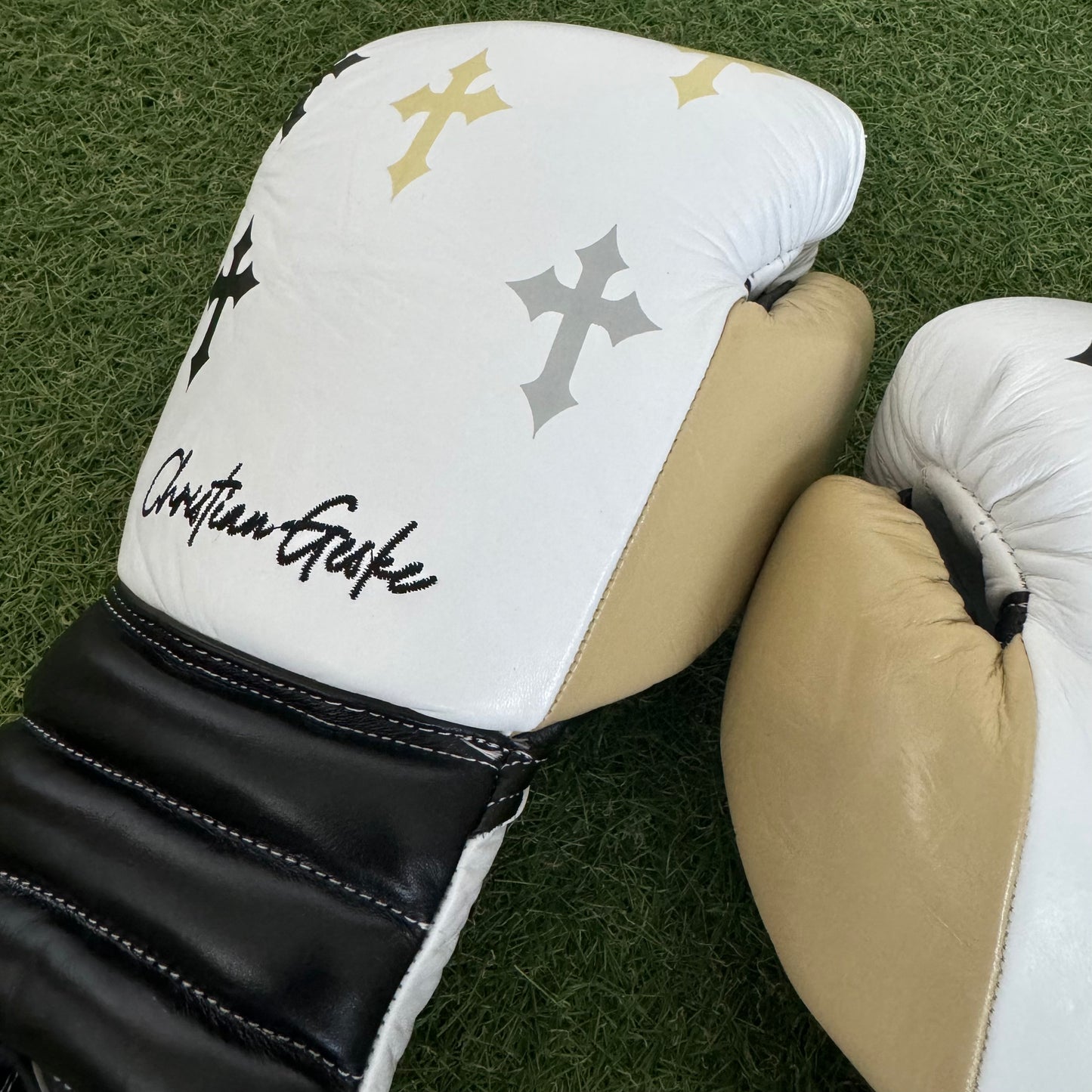 HM CRUCIFIX CREAM, BLACK & WHITE  | BOXING GLOVES 100% LEATHER