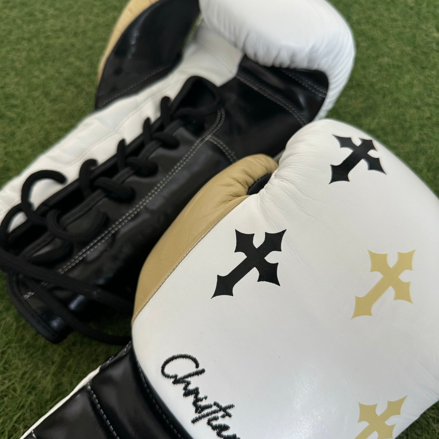 HM CRUCIFIX CREAM, BLACK & WHITE | PRO ELITE GLOVES 100% LEATHER